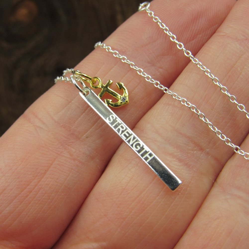 18 Sterling Silver Strength Word Bar Pendant Necklace… Gem